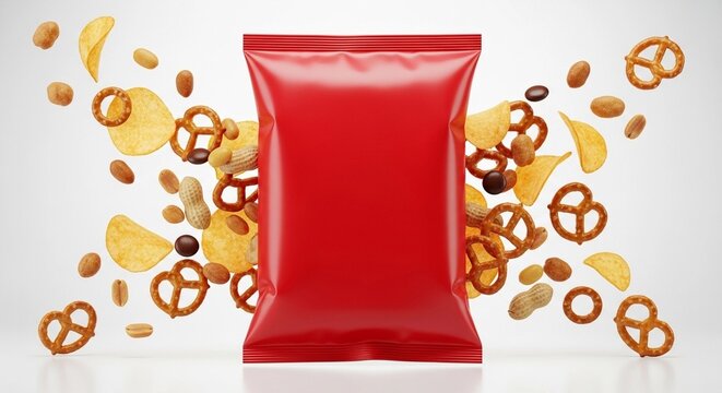 Blank red foil snack bag centered with an explosion of assorted savory snacks like pretzels, peanuts, and chips around it on a white background.