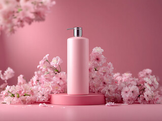 Elegant pink bottle surrounded by cherry blossom flowers on a soft pink backdrop in a serene setting