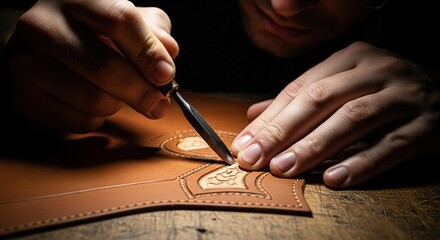 Leather crafting tools professional artisan working on leather goods handmade leather carving and tooling