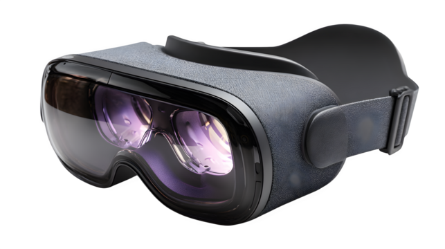 Modern VR headset, lenses and strap detail, sleek matte finish, isolated on white background