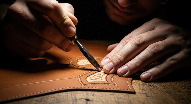 Leather crafting tools professional artisan working on leather goods handmade leather carving and tooling