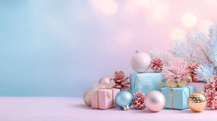 Festive holiday gifts and decorations arranged on a soft pastel background for a cheerful seasonal atmosphere
