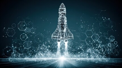Digital representation of a rocket launching with data visualization elements on a dark background