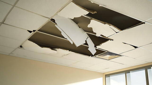 Damaged office ceiling with missing tiles and exposed framework. Repair needed in the workplace. Shows negligence or an accident. Interior has off white wall and light.