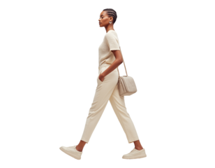 woman wearing white shoes, beige pants, and a short-sleeved shirt walks sideways with her back to the camera on an isolated background. 