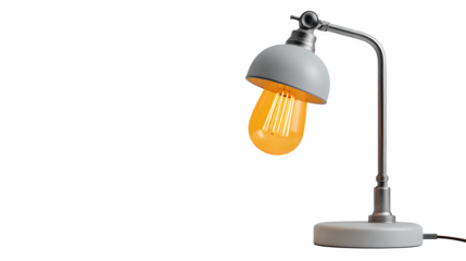 Modern desk lamp, slim design with glowing bulb, isolated on white background