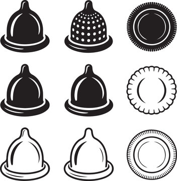 Set of nine detailed condom icons with transparent background collection protection