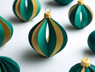 Handmade teal and gold holiday ornaments displayed on a white surface during winter season