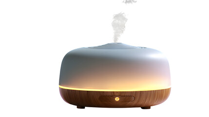 Obraz premium Modern essential oil diffuser, soft glowing light with mist detail, isolated on white background