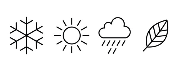 Weather line icon set.  four seasons line icon symbol. Snowflake, sun, cloud, leaf line icon. 