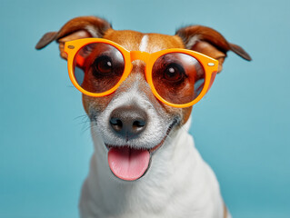 Happy dog with orange sunglasses posing against a blue background in a playful mood