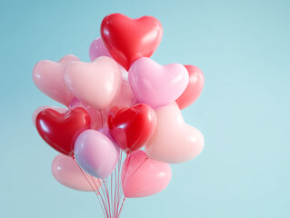 Heart-shaped balloons float together in a cheerful display against a soft blue background