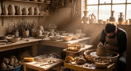 Pottery studio artisan crafting clay art on wheel handmade ceramics workshop creating unique pottery pieces