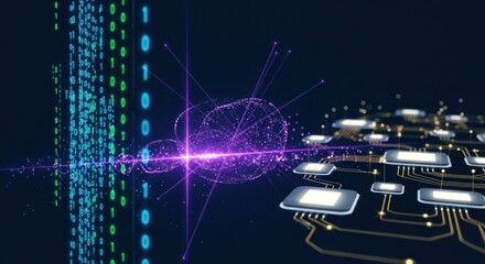 A digital cloud with a purple light emanating from it, surrounded by a network of interconnected circuitry and binary code.