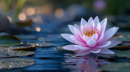 Vibrant pink lotus blossom illuminated by golden morning light, surrounded by serene cyan water with smooth reflections and floating lily pads