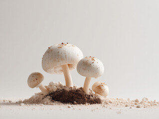 Mushrooms growing on soil with fine ground flour creating a unique culinary presentation