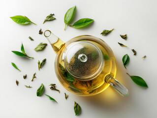 Hot green tea brewing in a clear teapot surrounded by fresh green tea leaves on a light background