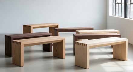Minimalist Wooden Benches - Geometric Forms in Soft Light, Interior Design.