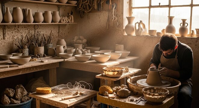 Pottery studio artisan crafting clay art on wheel handmade ceramics workshop creating unique pottery pieces - Powered by Adobe