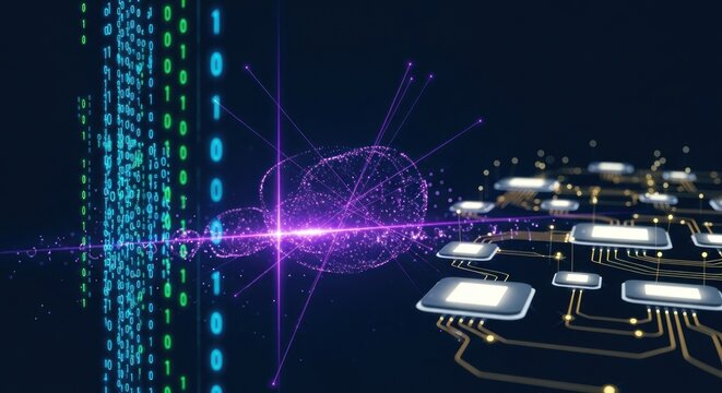 A digital cloud with a purple light emanating from it, surrounded by a network of interconnected circuitry and binary code. - Powered by Adobe