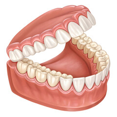 Fototapeta premium Detailed illustration of human teeth with full upper and lower jaw, isolated on white background, for medical