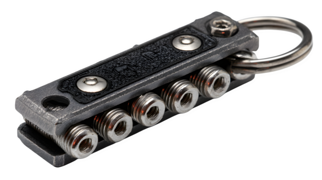 Multi-tool key organizer, compact stack with hex screws, EDC style, isolated on white background