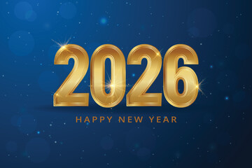 Happy New Year business blue background with festive lights and sparkles. Happy New Year 2026 Banner with Gold Luxury Numbers. 2026 Bokeh Holiday Card