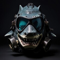 an AI Image Generator, Shark Mask With Diving Goggles And Gas Mask In Dark Studio Lighting, Futuristic Steampunk Style