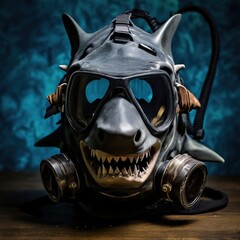 an AI Image Generator, Shark Mask With Diving Goggles And Gas Mask In Dark Studio Lighting, Futuristic Steampunk Style
