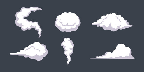 Set of cartoon clouds. Cartoon smoke clouds. Comic smoke flows, dust, smog and smoke steaming cloud silhouettes isolated vector illustration set. 