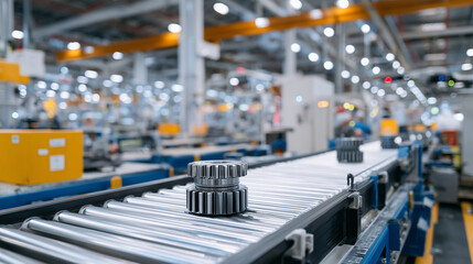 Modern manufacturing line filled with conveyor systems and robotic precision tools, focus on a small gear component, worker blurred in the distance