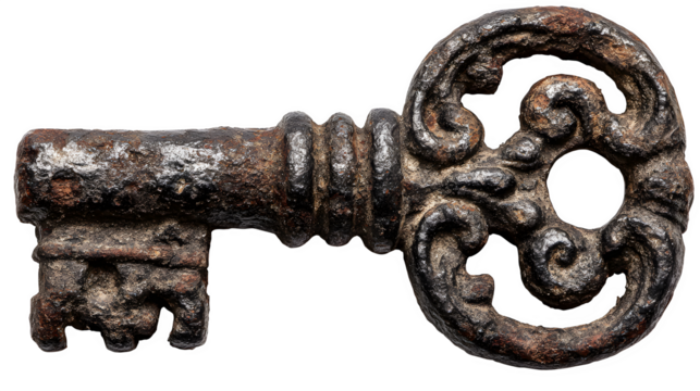 Old rusty key, patina texture with ornate bow, macro detail, isolated on white background