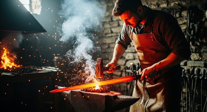 Blacksmith forging metal sword with hammer at forge workshop hot metal work process sparks and smoke industry