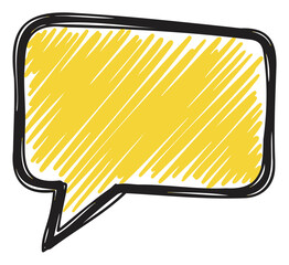 Hand-drawn speech bubble with a jagged black outline filled with diagonal yellow shading, resembling a comic-style graphic.
