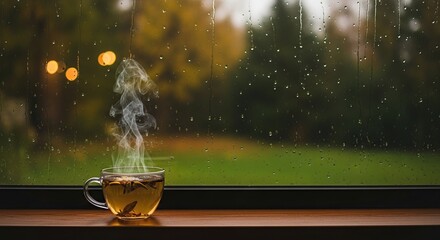 Cozy rainy day vibes steaming hot tea cup on windowsill relaxing autumn weather background image