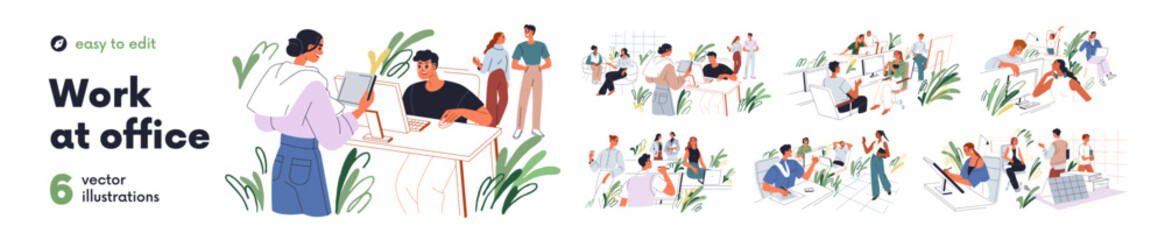 Naklejka na ściany i meble Office work life set. Employees, daily routine in corporate professional environment. Happy young colleagues communication in modern workplace. Flat vector illustration isolated on white background. Naklejka na ściany i meble Office work life set. Employees, daily routine in corporate professional environment. Happy young colleagues communication in modern workplace. Flat vector illustration isolated on white background.