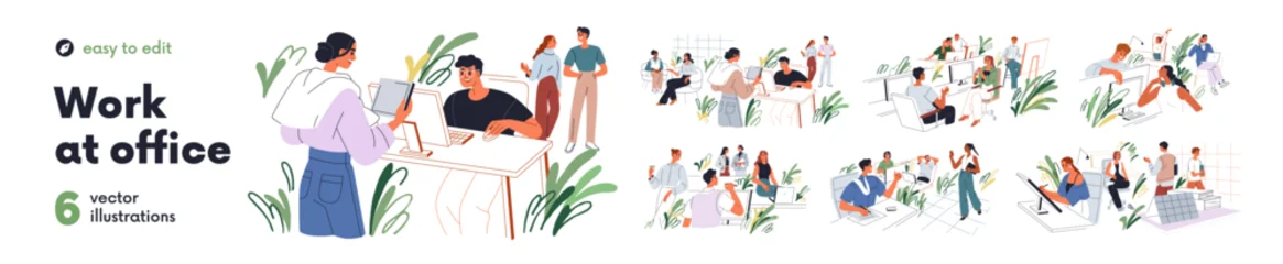 Fototapete Wohnzimmer Office work life set. Employees, daily routine in corporate professional environment. Happy young colleagues communication in modern workplace. Flat vector illustration isolated on white background.  © Good Studio