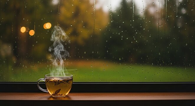Cozy rainy day vibes steaming hot tea cup on windowsill relaxing autumn weather background image