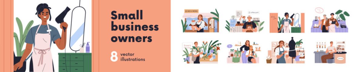 Small business owners set. Happy entrepreneurs owning clothes manufacture, beauty salon, coffee shop, bakery, craft perfume and flower stores. Flat vector illustration isolated on white background.