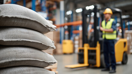Stacked sacks of raw material on concrete floor, forklifts and conveyor belts in background, worker wearing safety gear overseeing process, industrial workflow captured