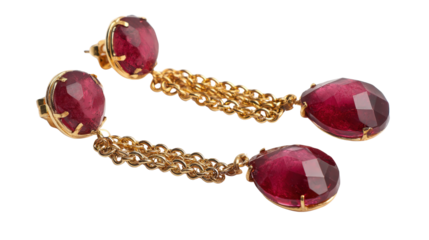 Large statement ruby drop earrings with gold chains, isolated on a Transparent background, PNG file.