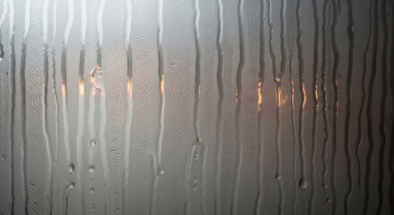 Steamy shower door abstract background with condensation and water droplets texture close up view of glass