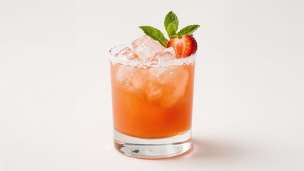 Alcoholic cocktail - Strawberry Margarita garnished with fresh mint leaves.