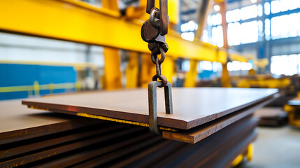 Steel sheets lifted with overhead crane in factory. Metal sheets held by chain with blurry manufacturing plant background. The weight and transport of heavy materials.