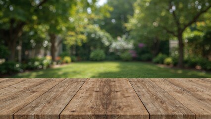 Wooden table is empty and trees and blurred in background.
