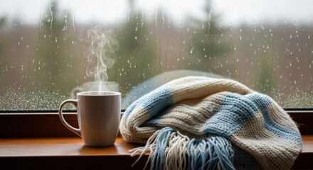Cozy rainy day scene with coffee cup and warm blanket by window for relaxation and comfort vibes