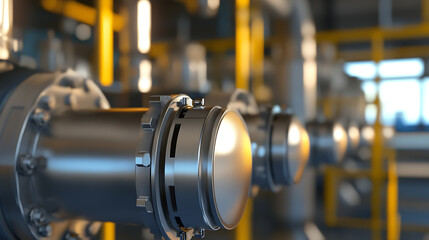 Obraz premium A close-up on industrial pipes with metallic surfaces. The yellow pipes are in the background. The pipelines give a sense of a factory. The metallic parts are smooth and shiny.