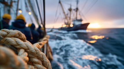 Obraz premium Fishing boat at dawn with crew hauling nets full of fish, close-up on ropes and gear, ocean reflecting soft morning light, labor and industry highlighted