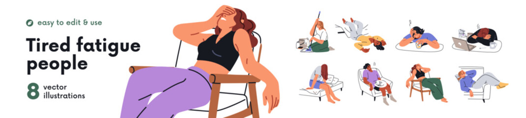Naklejka na ściany i meble Tired fatigue people set. Apathy, weakness, burnout concept. Exhausted sleepy lazy overworked characters with low energy, tiredness, exhaustion. Flat vector illustration isolated on white background.