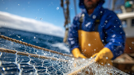 Close-up of hands pulling wet nets aboard a fishing boat, glistening fish and ropes, blurred ocean background conveying effort and teamwork